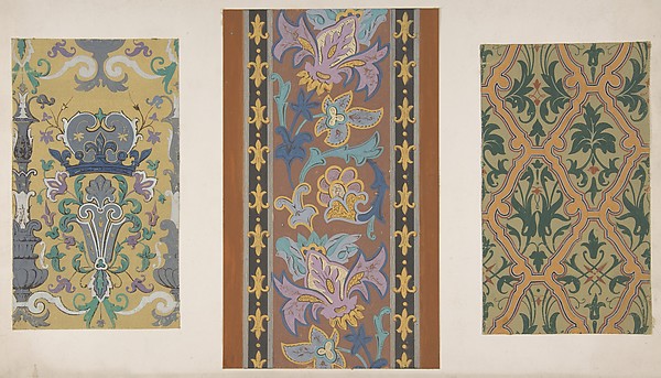 Three designs for wallpaper featuring strapwork, rinceaux, and fleurs-de-lis