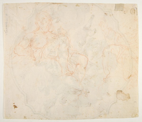 The Virgin Nursing the Christ Child, in a Glory of Angels (recto); Studies for seated figures of Christ and God the Father in red chalk (verso) by Nicola Maria Rossi