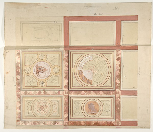 Design for the decoration of the ceiling of a vestibule in painted panels with roman key borders