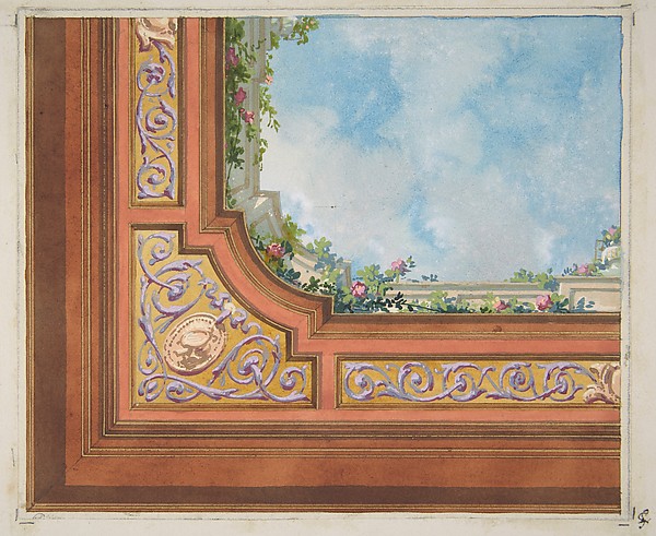 Partial design for ceiling decoration with clouds and roses