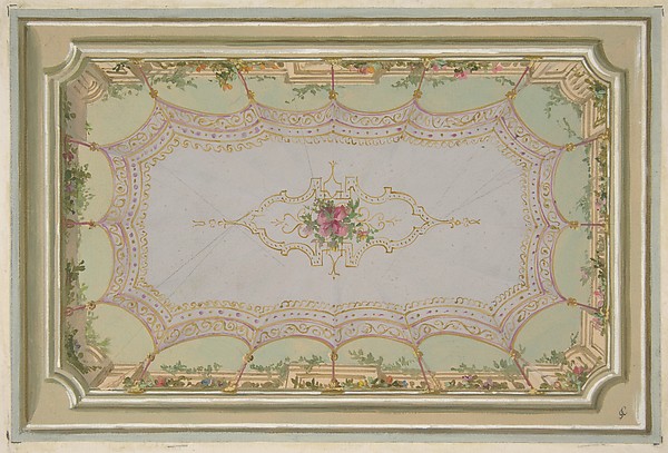 Design for the painted decoration of a ceiling with a trompe l'oeil canopy and roses