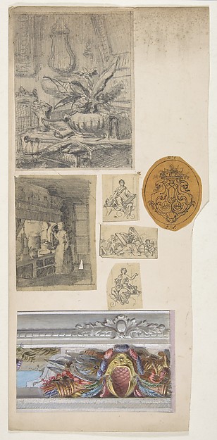 Seven drawings,including four decorative motifs and two scenes of interiors