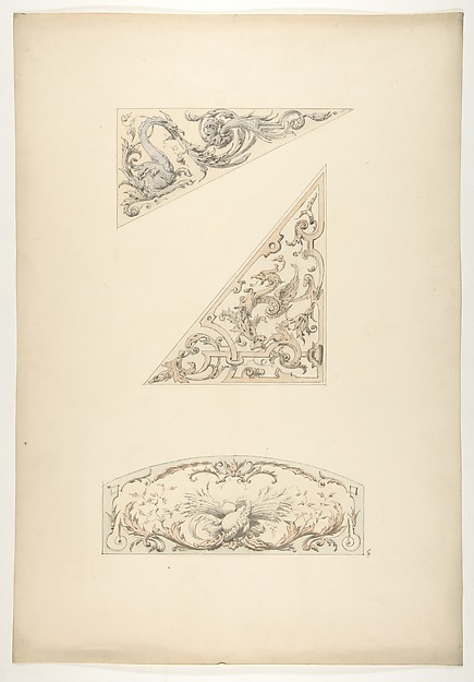 Three designs for painted decorative motifs featuring griffins and scrollwork