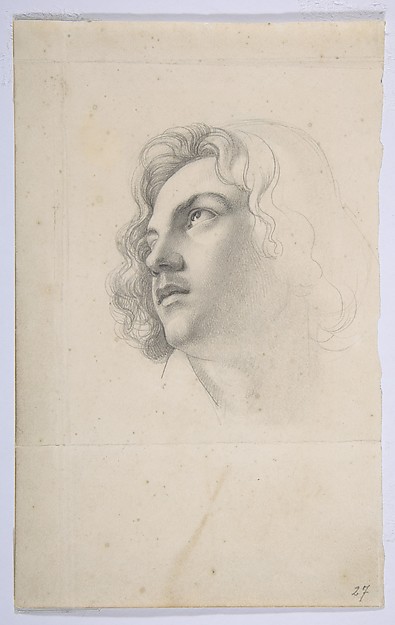 Portrait of Alfred Rethel, looking up; verso: Studies of two heads