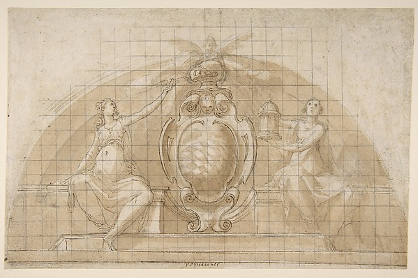 Design for a Lunette Decoration: Coat of Arms Flanked by Seated Allegorical Figures (recto and verso)