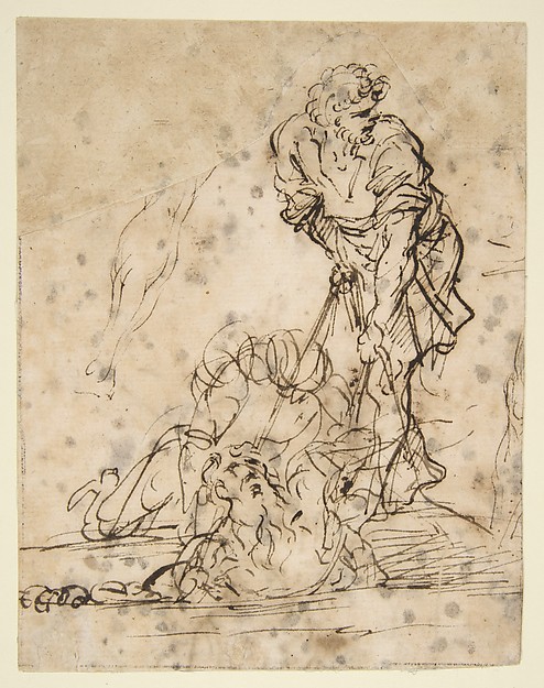 Studies for a Figure Lifted from a Grave or Pit by Cords.  V e r s o: Further Study of the Same Figure