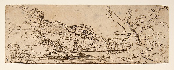 Landscape with hills and a lake, trees in right foreground.