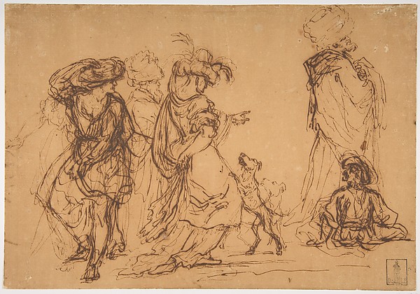 Five Figures in Fantastic Costumes with Two Dogs
