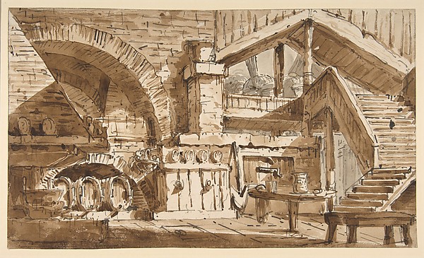 Design for a Stage Set Showing Interior of Rustic Kitchen ("Cucina Rustica")