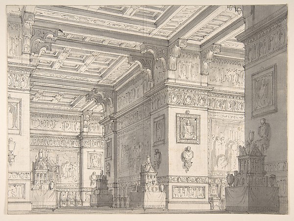 Design for a Stage Set?:Interior of a Stateroom with Four Tables Displaying Urns and Tabernacles. by Alessandro Sanquirico