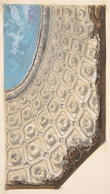 Design for a coffered ceiling with a central oval painted in clouds