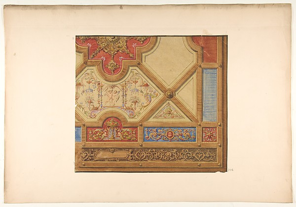 Partial design for the decoration of a ceiling in geometric panels painted with putti, masks., and griffins