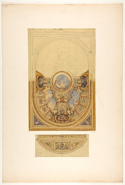 Design for the decoration of an oval ceiling with putti and garlands; with a detail of a lunette