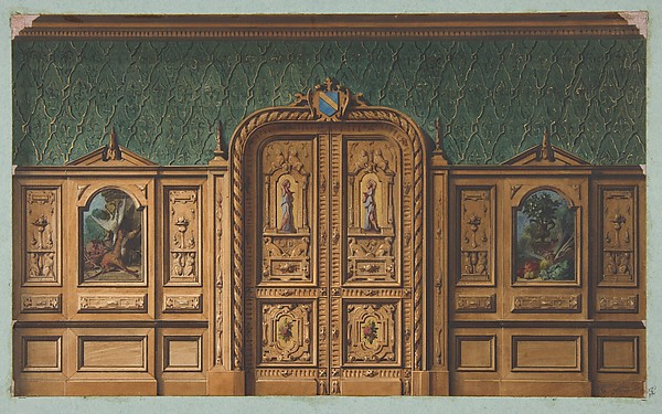 Design for a room with wood panels inset with paintings and a heavily-carved double door