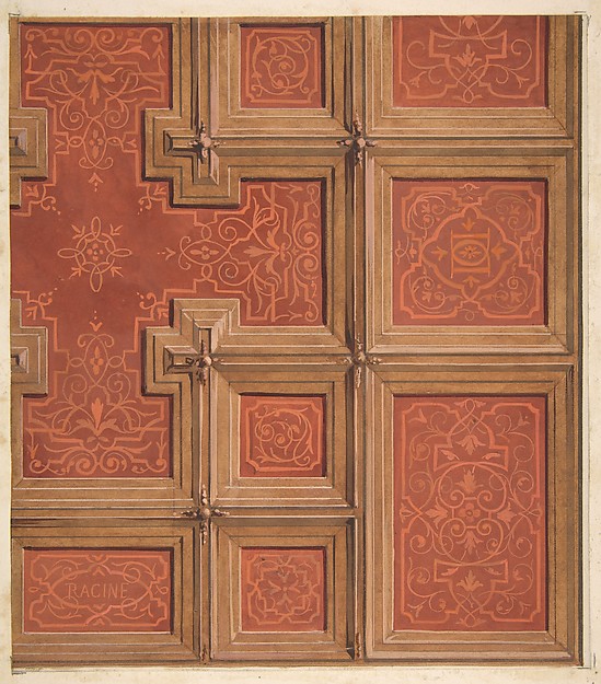 Design for the decoration of a coffered ceiling ornamented with the name "Racine" and entwined  letters: DD