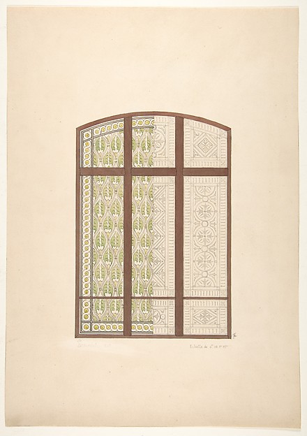 Design for an arched stained glass window, showing two alternative patterns