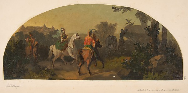Mural design picturing riders in a landscape  for a lunette in the library of the Chateau de Lude (Sarthe)