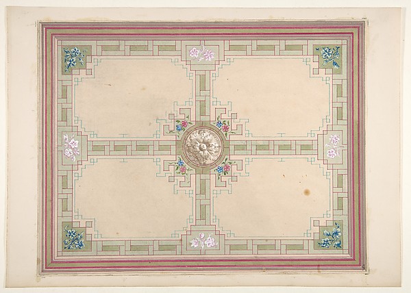 Design for a ceiling with floral accents and Greek key border