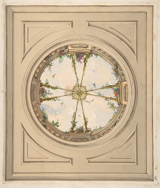 Design for a ceiling painted with clouds and trellis work
