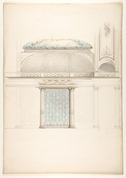 Elevation and transverse section of a domed and colonnaded hall