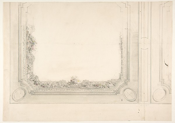 Partial design for a ceiling to be painted with a trompe l'oeil iron railing and roses