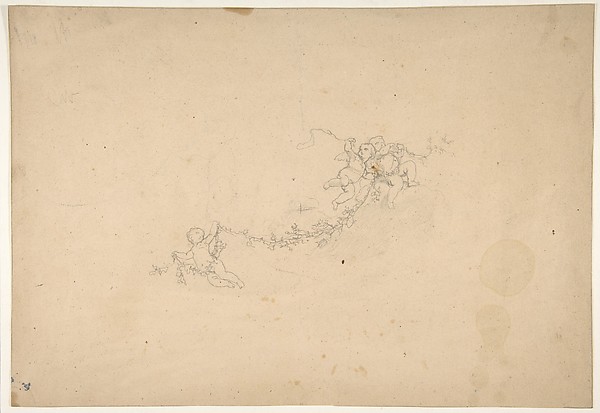 Three putti holding aloft a garland