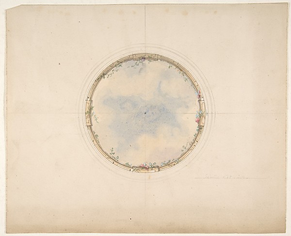 A Circular ceiling design with clouds and roses