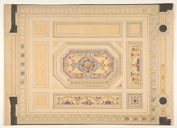 Design for a paneled ceiling painted with putti, birds, and floral motifs