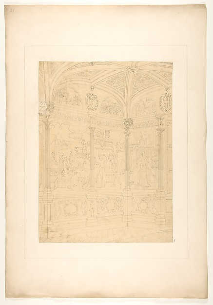 Elevation of the corner of a room decorated with Renaissance-style murals and carved woodwork