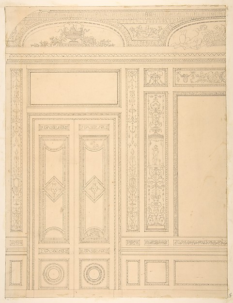 Elevation of an interior showing a paneled wall and double doors decorated in rococco sty.e
