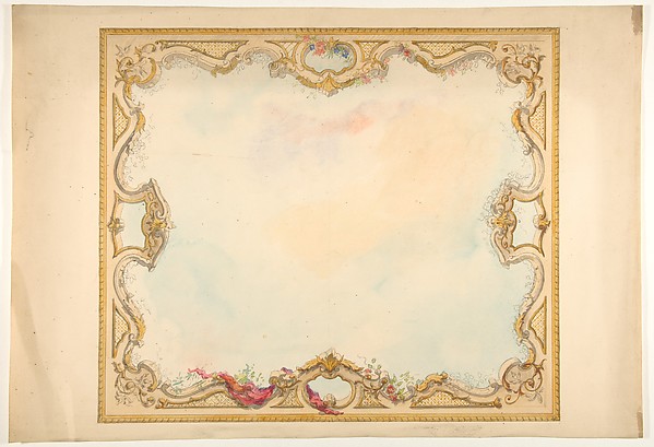 Design for the decoration of aceiling with painted clouds and a pierced border