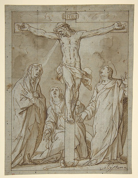 Christ Crucified, Attended by the Virgin, Saint Mary Magdalen, and Saint John the Evangelist by Lazzaro Tavarone