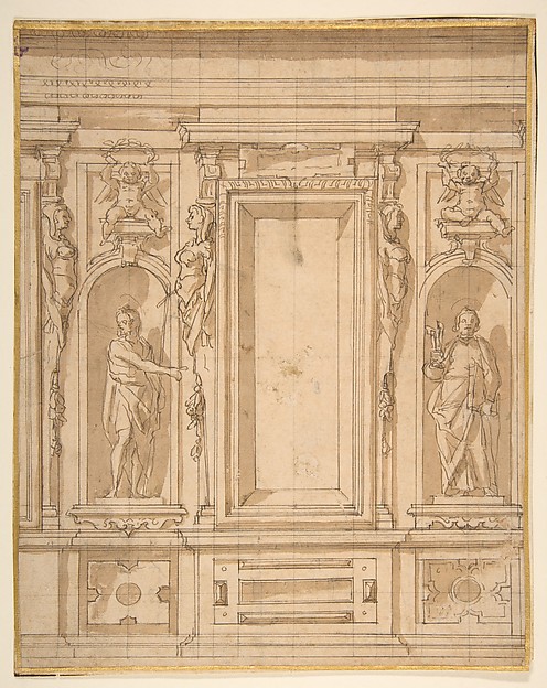 Wall Elevation with a Window and Statues of Saint John the Baptist and Saint Peter in Niches by Lazzaro Tavarone