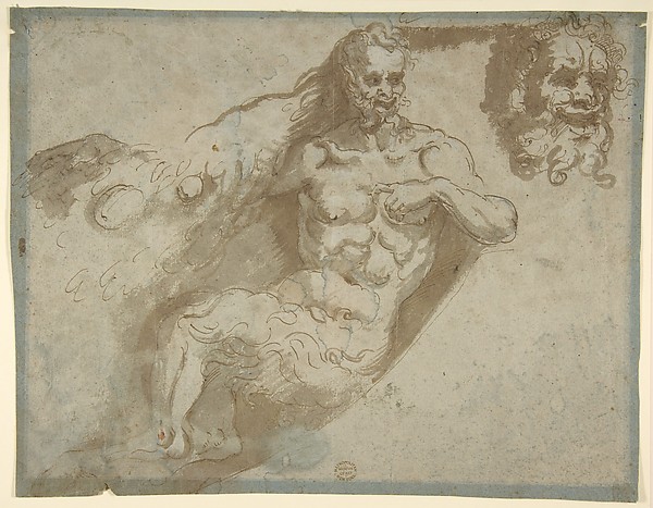 Seated satyr, with enlarged head of same (recto); head of a woman (verso)