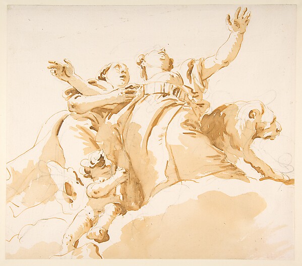 Two Women, a Lion, and a Putto on Clouds