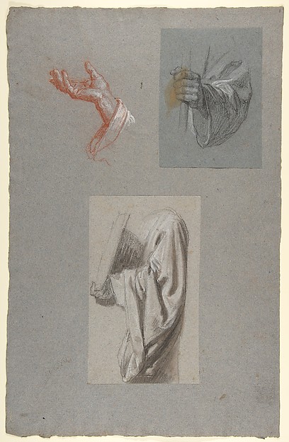 a.  Hand of Saint Remi; b.  Hand of Saint Remi; c.  Drapery Study for Acolyte Holding Book (middle register); (studies for wall paintings in the Chapel of Saint Remi, Sainte-Clotilde, Paris, 1858)