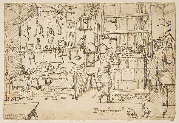 Study sheets with sketches of interiors, animals, sculpture, figures, notes