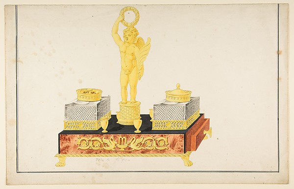 Design for a Pen and Ink Stand with a Cupid and Two Ink Wells by Anonymous, French, 19th century, The Metropolitan Museum of Art