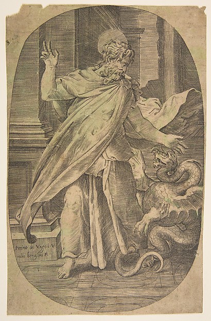 St Paul overcoming the viper, within an architectual setting, an oval composition by Giulio Bonasone