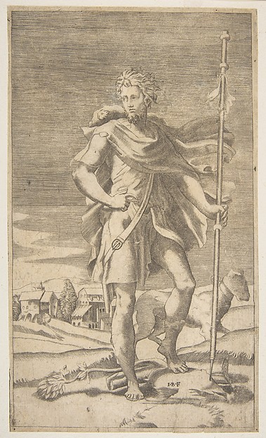 Saint Roch standing holding a staff in his left hand, a dog by his side