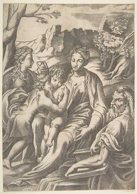 The Holy Family with Mary Magdalene and John the Baptist who embraces Christ by Giulio Bonasone