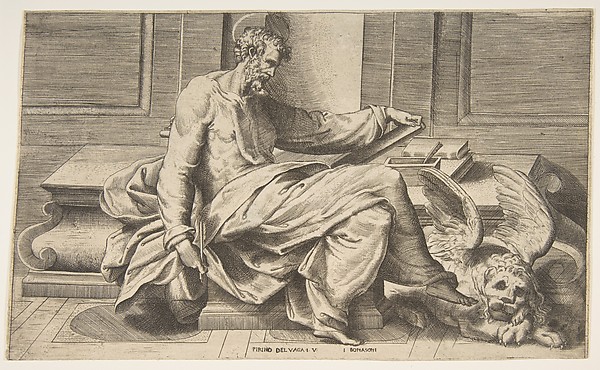 Saint Mark writing his gospel, winged lion at the right by Giulio Bonasone