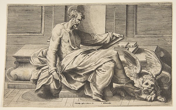 Saint Mark writing his Gospel, a winged lion at the right by Giulio Bonasone
