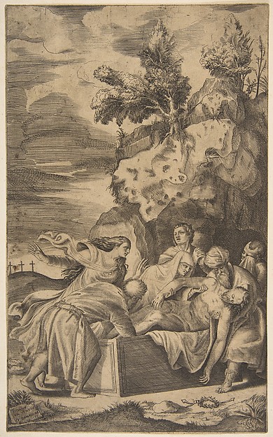 The entombment of Christ, the crosses on Calvary visble in left background by Giulio Bonasone