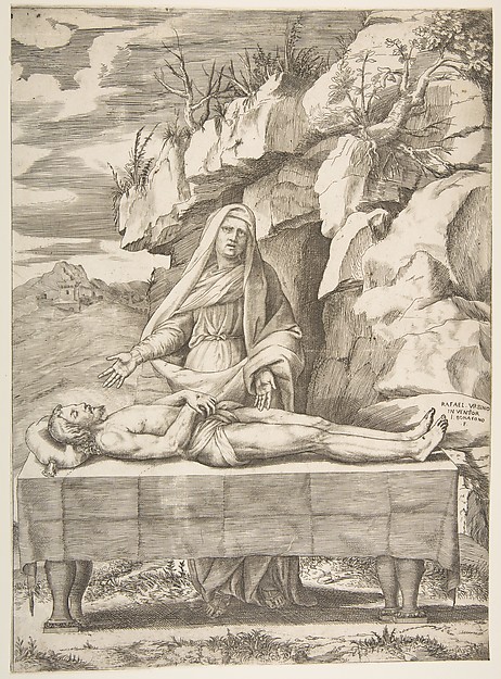 Pieta, Christ stretched out on a table in a landscape, the Virgin standing behind arms open