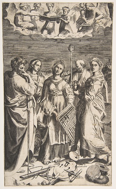 Saint Cecilia standing in the centre accompanied by Saint Paul, the Magdalene, Saint John the Evangelist, and Saint  Augustine