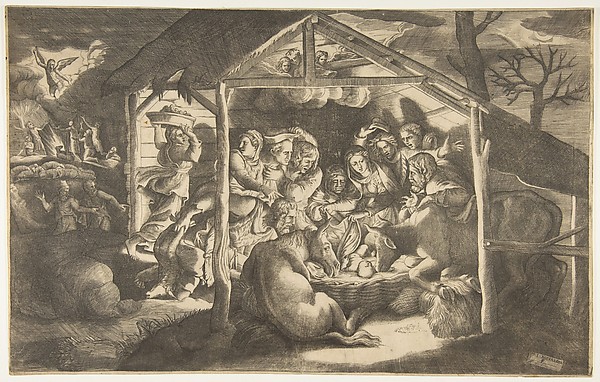 The adoration of the shepherds, various figures surrounding the Christ Child in the centre by Giulio Bonasone