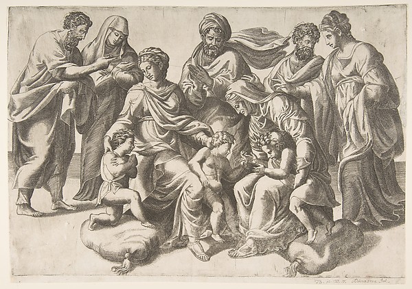 The Holy Kinship, in thecentre the Christ Child takes a bird given to him by the infant John the Baptist by Giulio Bonasone