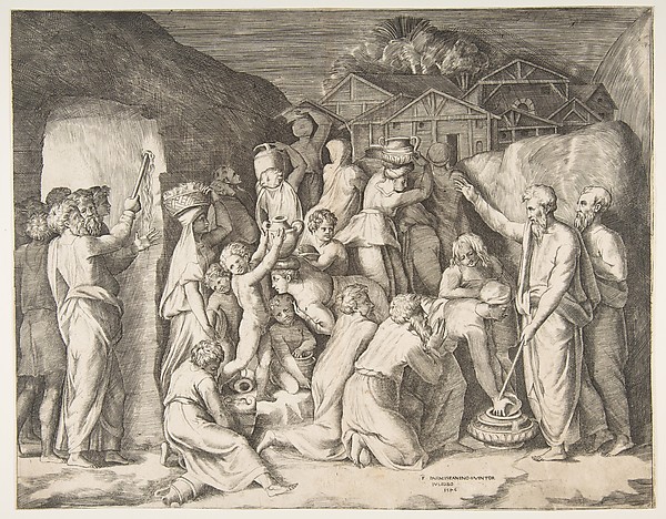 Moses at right telling the Israelites to gather the manna and at left Moses striking the rock