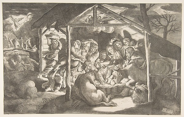 The adoration of the shepherds, various figures at night surround the Christ Child by Giulio Bonasone